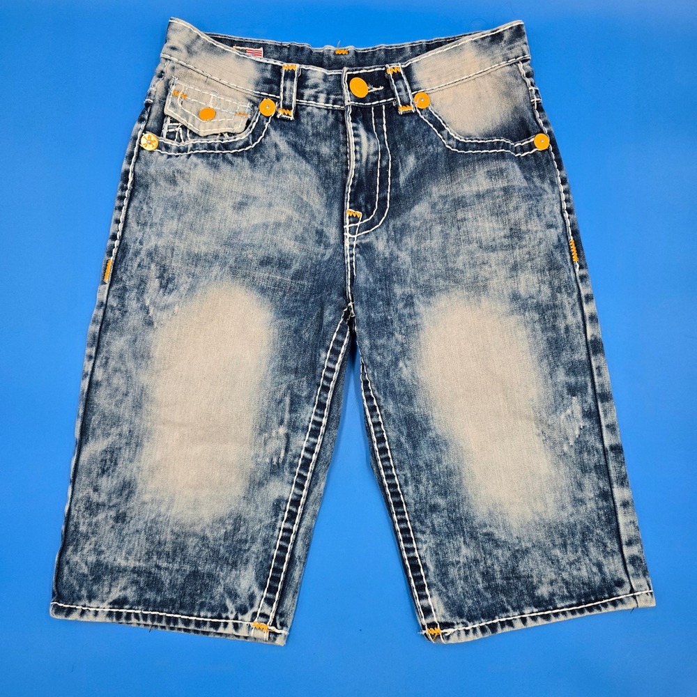 True Religion Super T Shorts Mens 32 Blue Acid Wash Contrast Stitch‎ Zip Fly USA